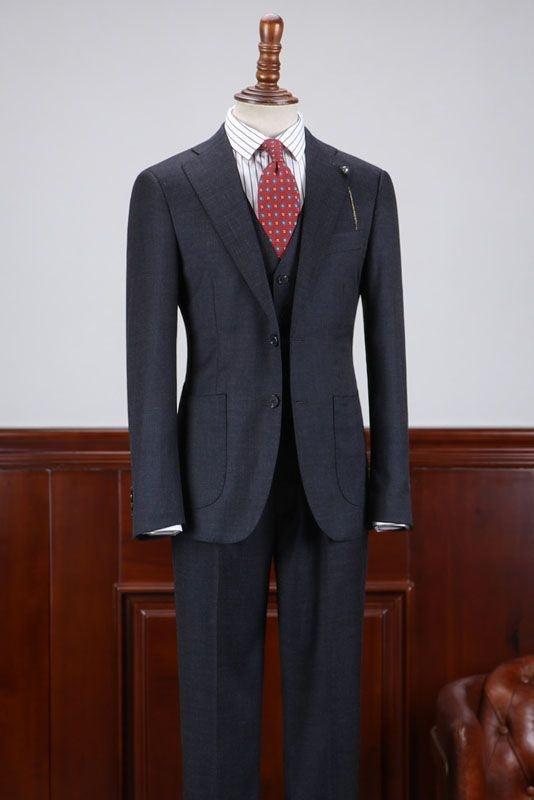 Regular Black 3 Pieces Notched Lapel Slim Fit Tailored Business Suit For Men