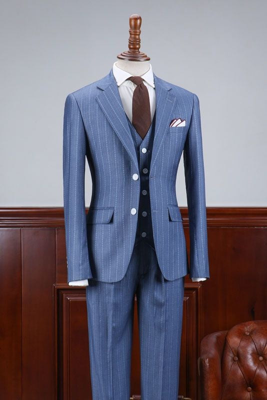 Stylish Blue Striped 3 Pieces Slim Fit Business Suit For Men