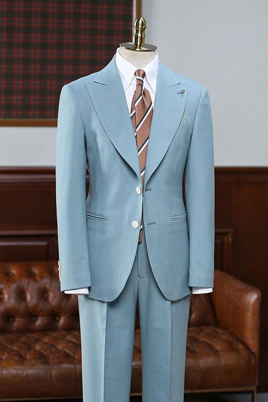 Affordable Blue 2 Pieces Peaked Lapel Slim Fit Tailored Suit