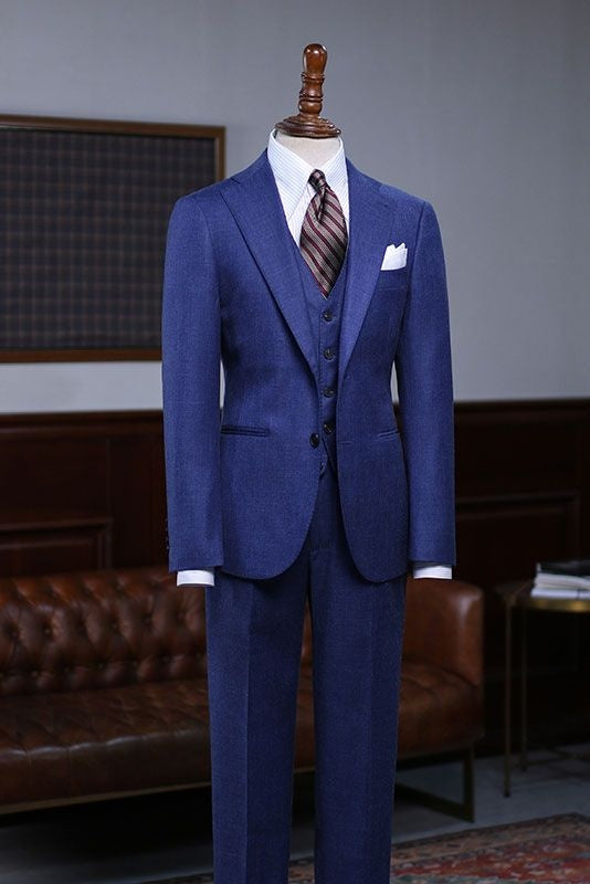 Modern Blue 3 Pieces Notched Lapel Business Suit For Men