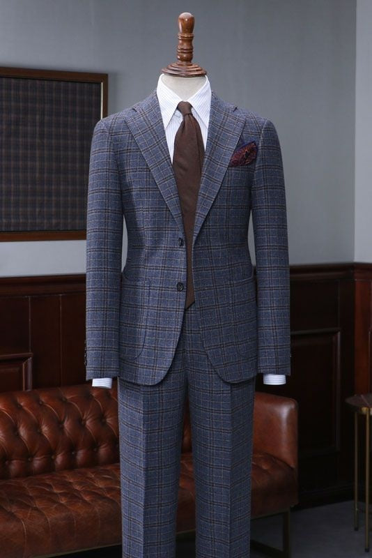 Formal Navy Blue Small Plaid Notched Lapel Close Fitting Bespoke Suit