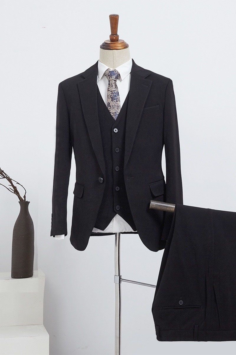 Classical Black Notched Lapel Slim Fit 3 Pieces Formal Men Suit
