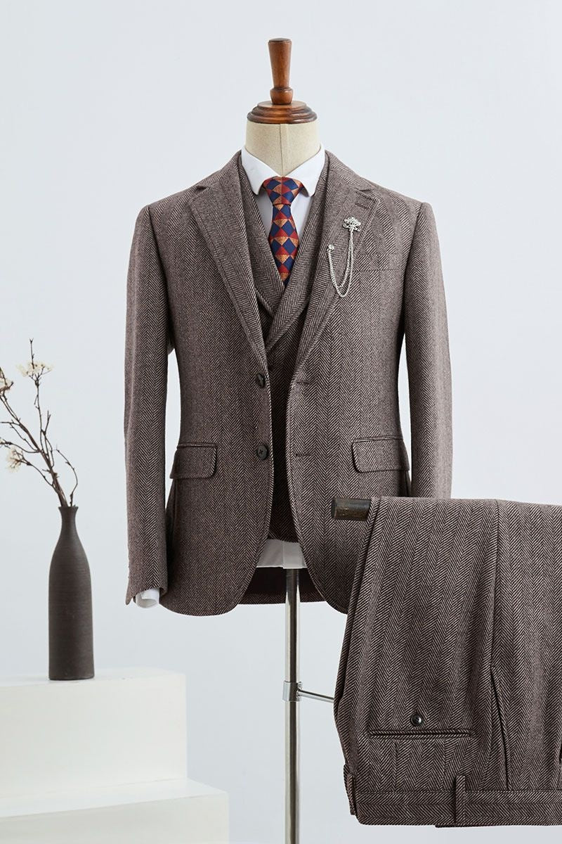 Retro Dark Brown Herringbone 3 Pieces Notched Lapel Business Suits