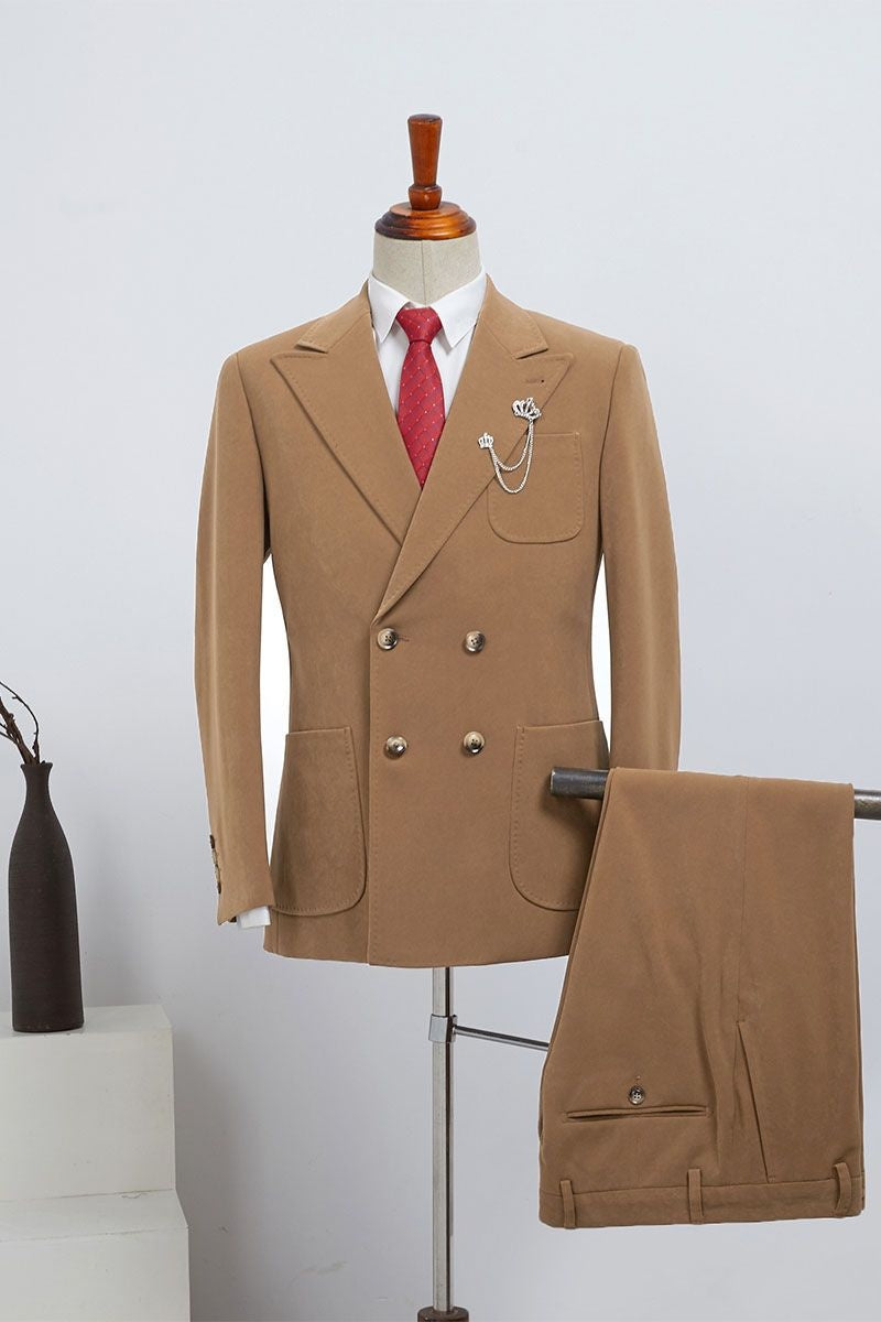 Chic Brown Double Breasted Peaked Lapel Business Suits