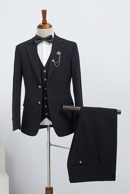 Generous Black Striped Notched Lapel 3 Pieces Formal Suits