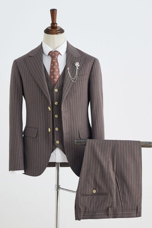 Stylish Dark Brown Pinstriped 3 Pieces Men's Business Suits