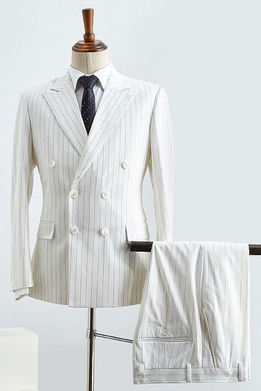 Handsome White Double Breasted Pinstriped Business Suits