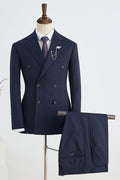 Trendy Navy Blue Pinstriped Double Breasted Business Suits