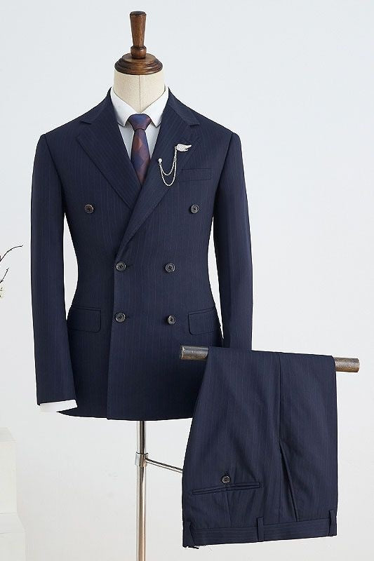 Trendy Navy Blue Pinstriped Double Breasted Business Suits