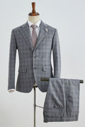 Elegant Gray Plaid Notched Lapel Business Men Suits