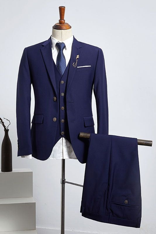 Mild Dark Blue 3 Pieces Notched Lapel Men's Business Suits