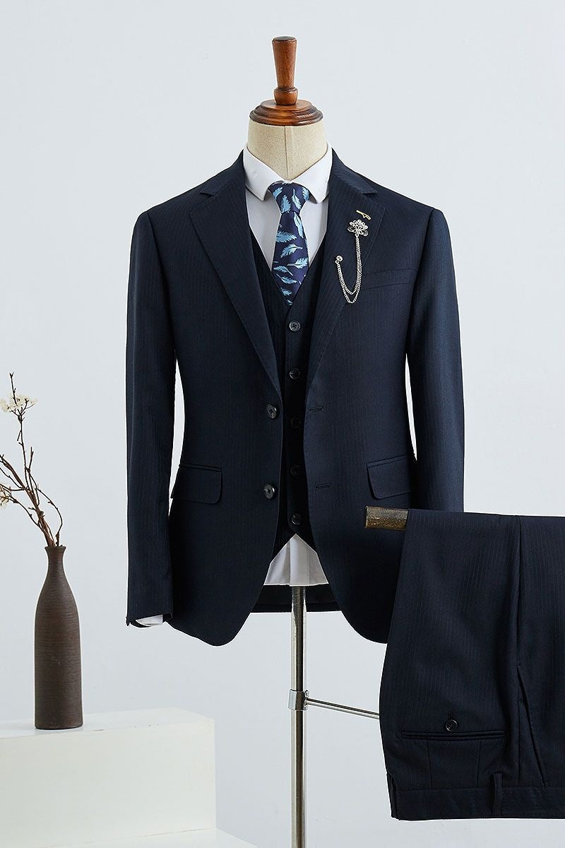 Modern Dark Navy Pinstriped 3 Pieces Business Suits