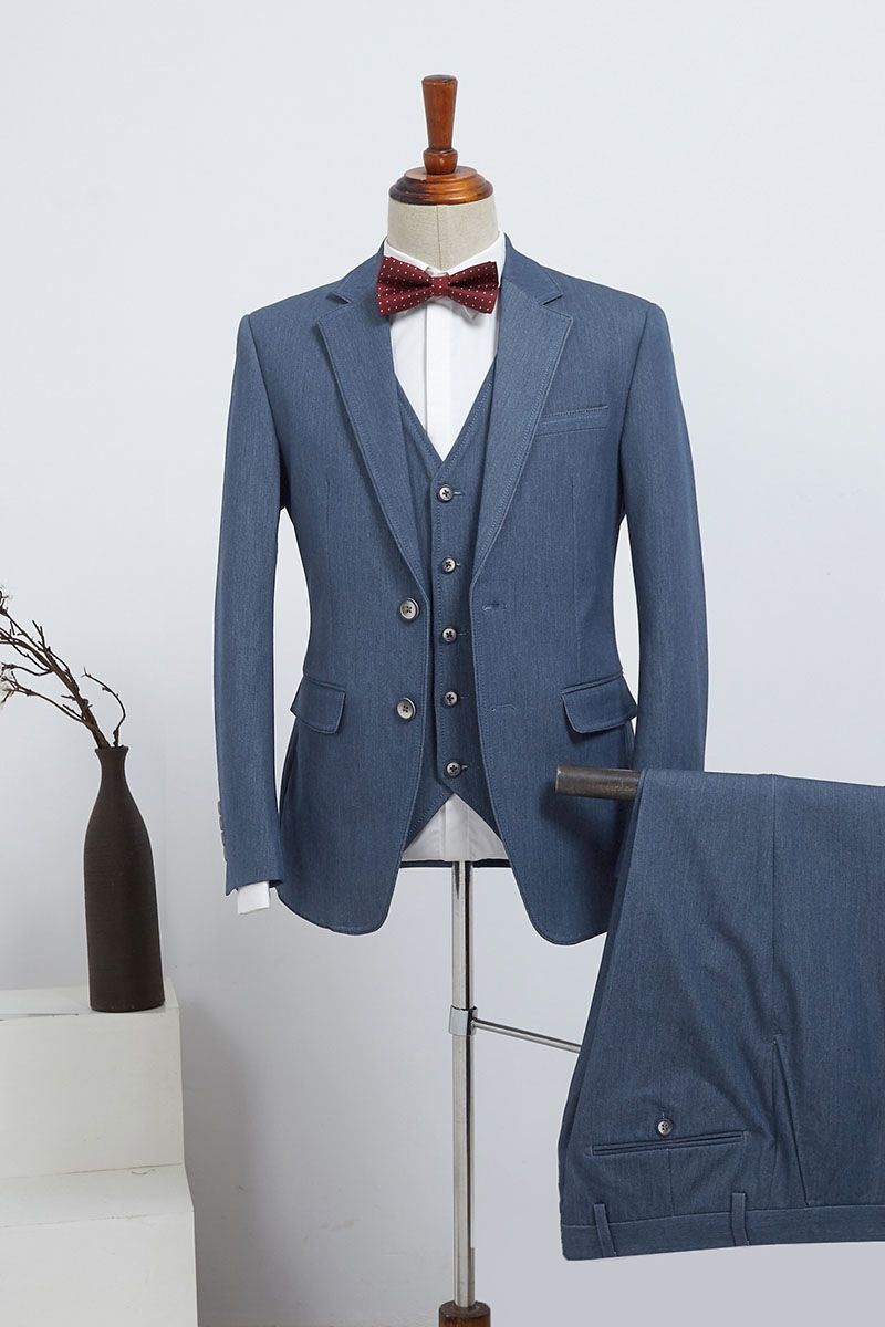 Chic Dusty Blue Notched Lapel 3 Pieces Business Suits