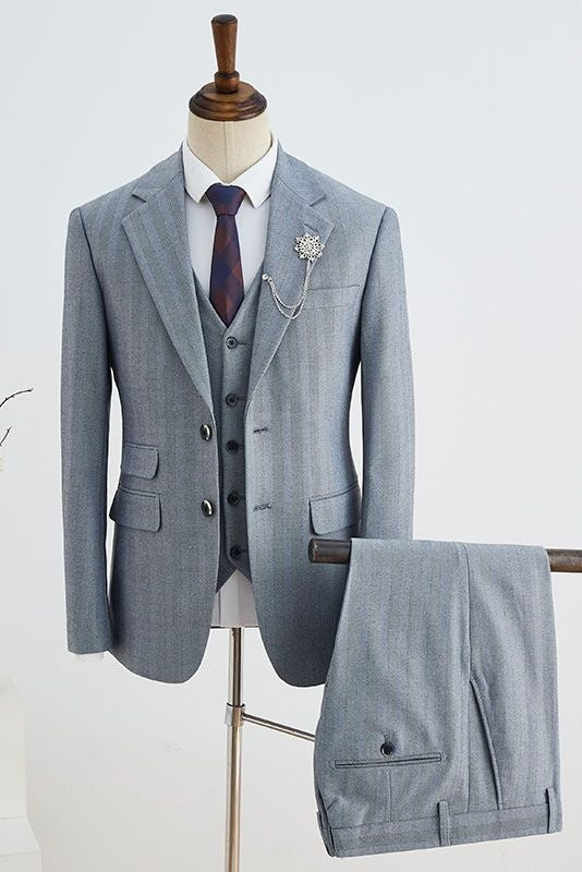 Fancy Gray Striped Notched Lapel 3 Pieces Business Suits
