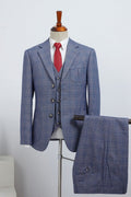 Modern Gray Blue Plaid 3 Pieces Bespoke Men's Suits For Business