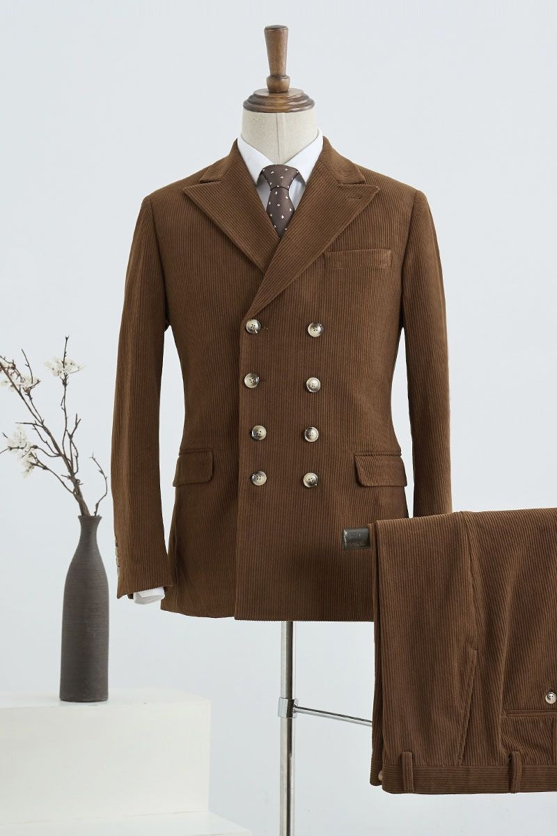 Elegant Dark Brown Corduroy Double Breasted Business Suits