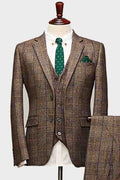 Stylish Brown Plaid 3 Pieces Notched Lapel Formal Suits