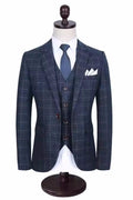 Chic Navy Blue Plaid Notched Lapel 3 Pieces Business Suits