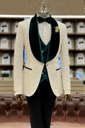 Chic White Shawl Lapel Jacquard Three Pieces Wedding Suits