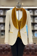 Wonderful White Jacquard Shawl Lapel Three Pieces Wedding Suits