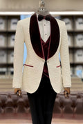 Bespoke White Jacquard Shawl Lapel Three Pieces Wedding Suits