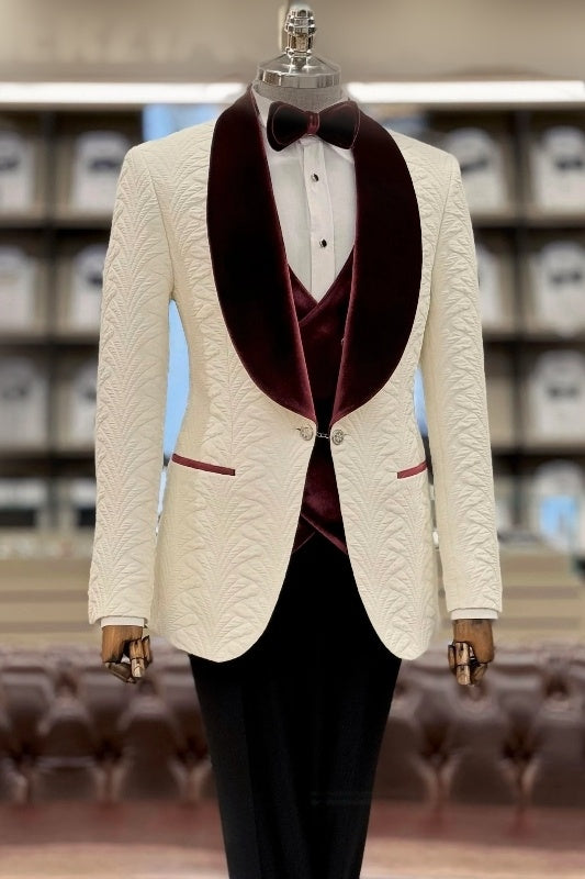 Bespoke White Jacquard Shawl Lapel Three Pieces Wedding Suits