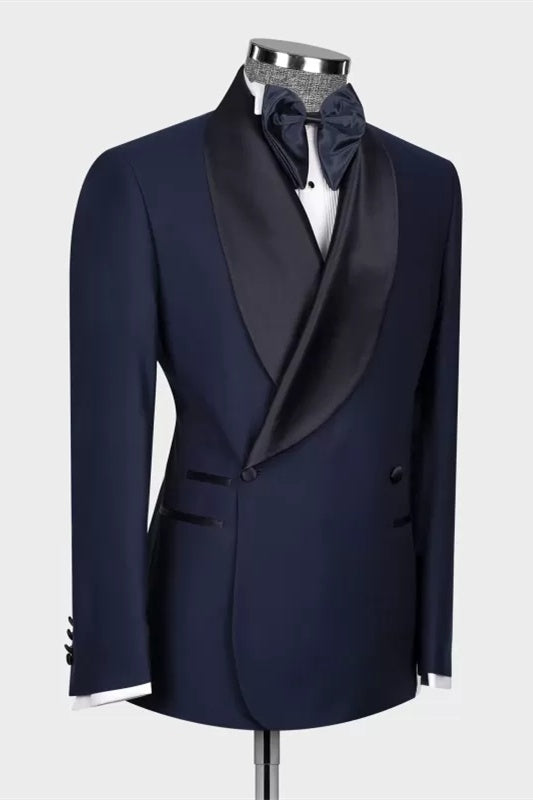 Gentle Navy Blue Shawl Lapel Double Breasted Wedding Suits