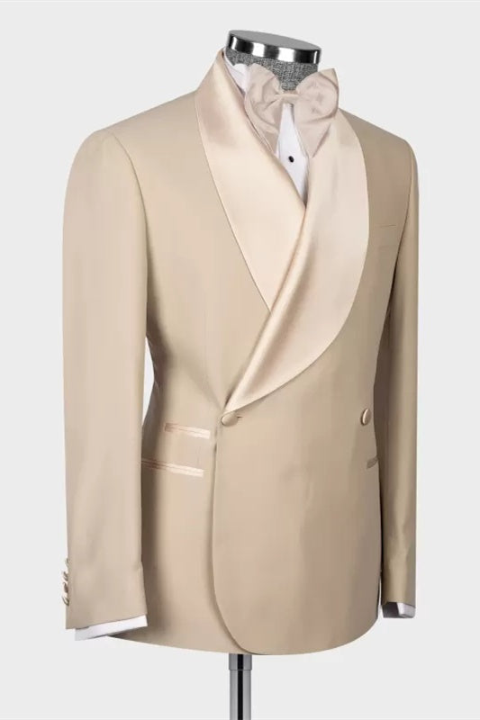 Decent Khaki Shawl Lapel Double Breasted Wedding Suits