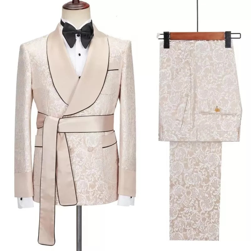 Bespoke Champagne Shawl Lapel Jacquard Wedding Suits