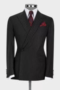 Trendy Black Pinstriped Peaked Lapel Business Men Suits
