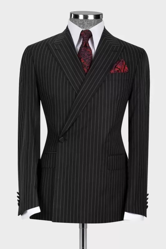 Trendy Black Pinstriped Peaked Lapel Business Men Suits