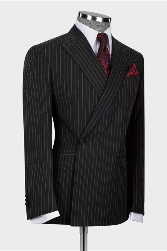Trendy Black Pinstriped Peaked Lapel Business Men Suits