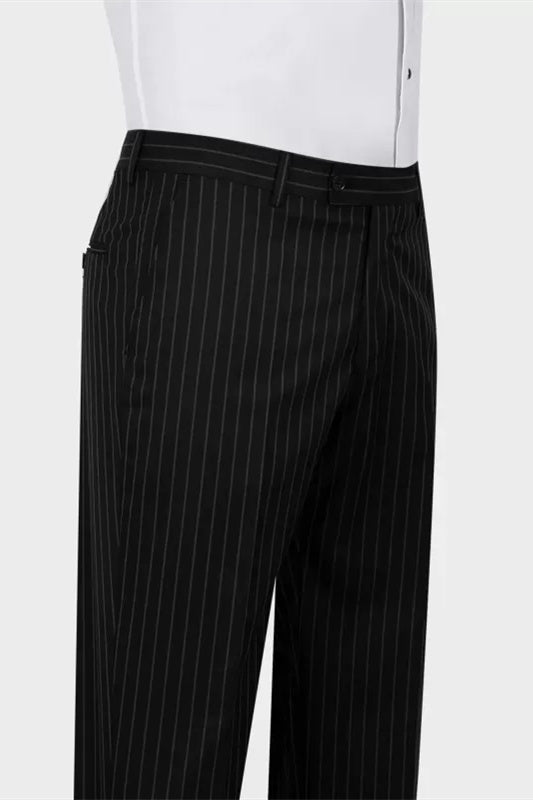 Trendy Black Pinstriped Peaked Lapel Business Men Suits