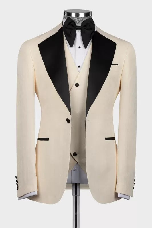 Fancy Champagne Three Pieces Prom Suits With Black Lapel