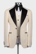 Fancy Champagne Three Pieces Prom Suits With Black Lapel