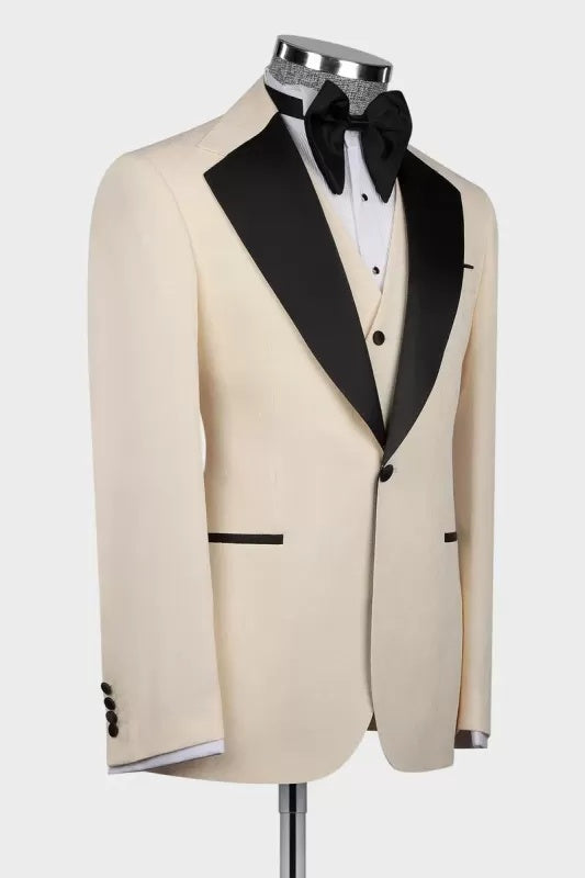 Fancy Champagne Three Pieces Prom Suits With Black Lapel