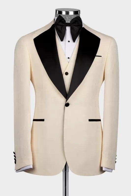 Fancy Champagne Three Pieces Prom Suits With Black Lapel