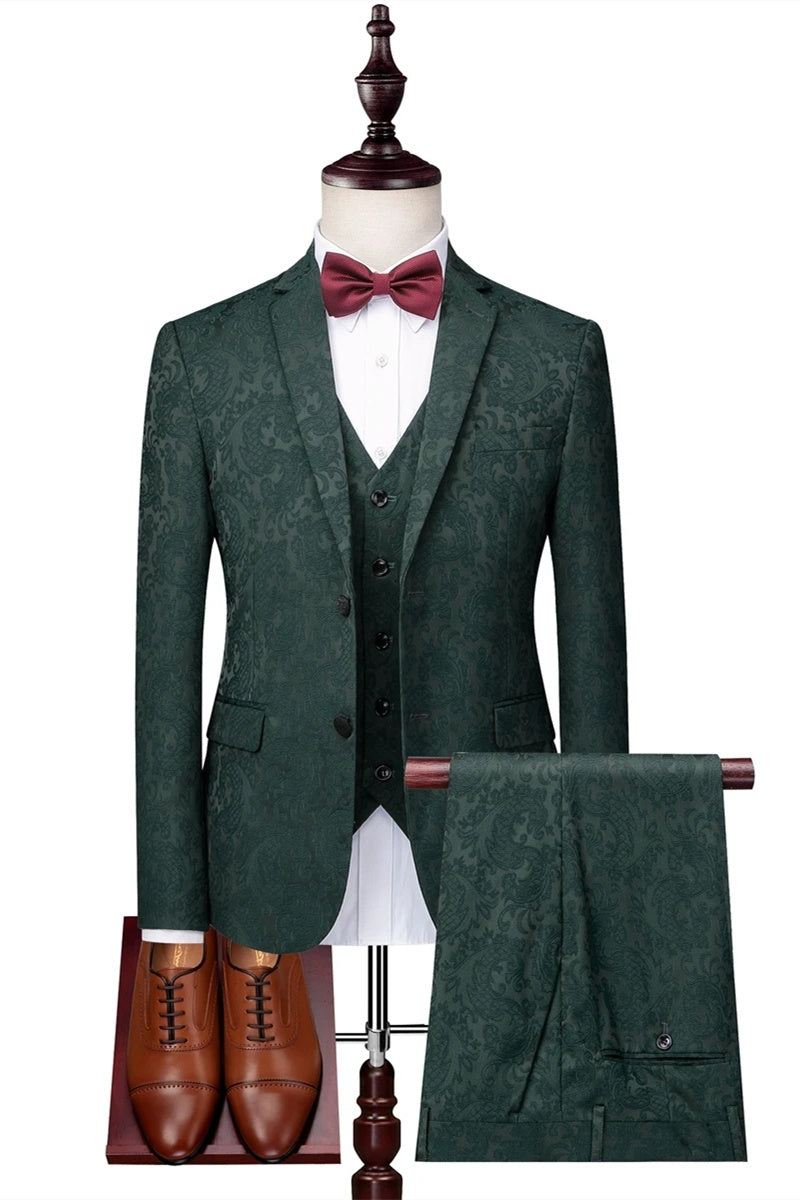 Stylish Dark Green Jacquard 3 Pieces Notched Lapel Prom Suits