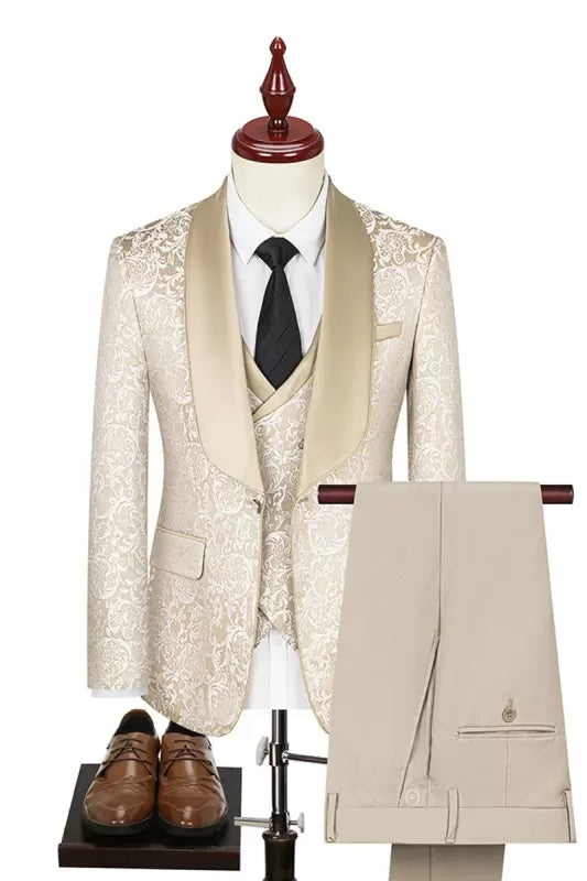 Decent Champagne Shawl Lapel Three Pieces Jacquard Prom Suits