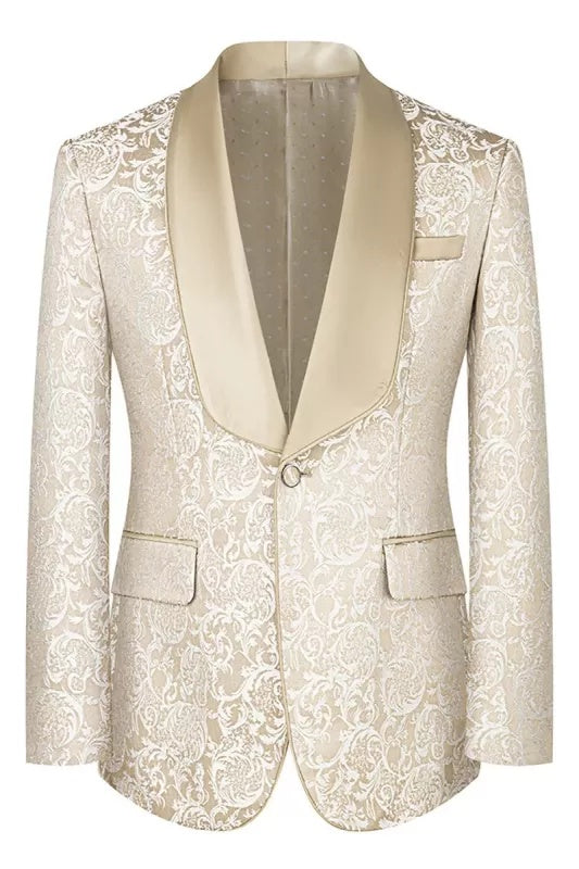 Decent Champagne Shawl Lapel Three Pieces Jacquard Prom Suits
