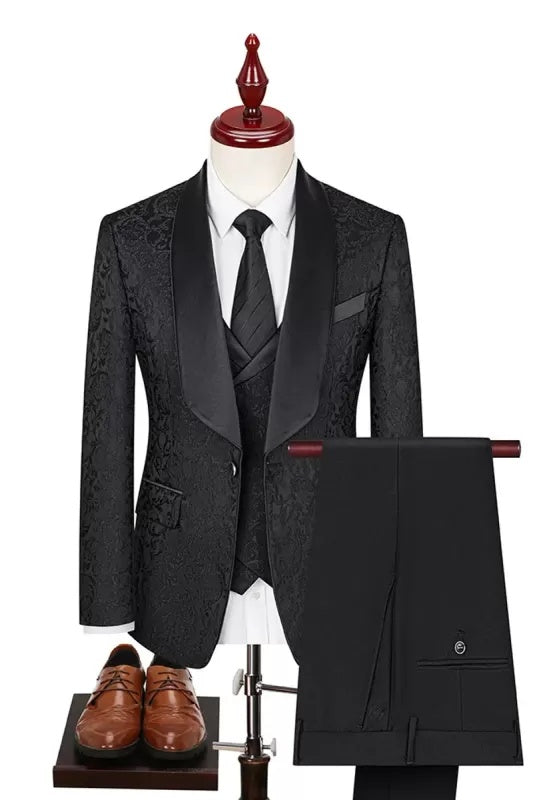 Stylish Black Jacquard 3 Pieces Shawl Lapel Wedding Suits