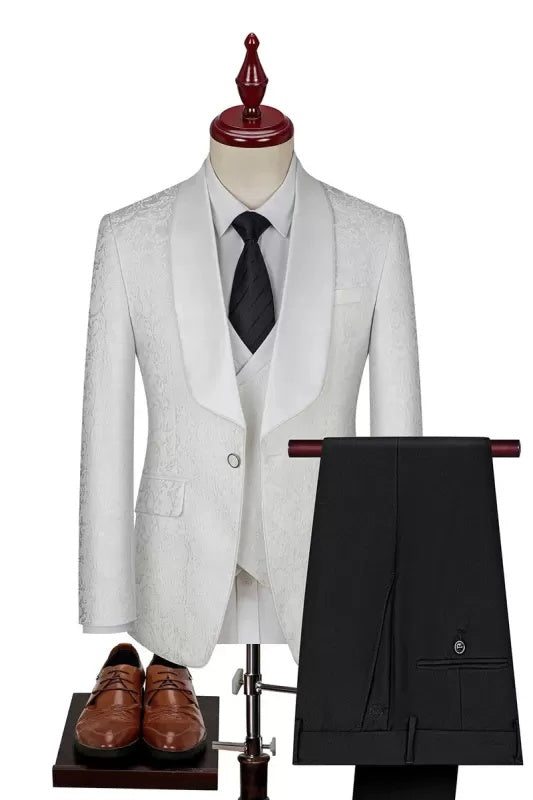Bespoke White Jacquard 3 Pieces Shawl Lapel Wedding Suits
