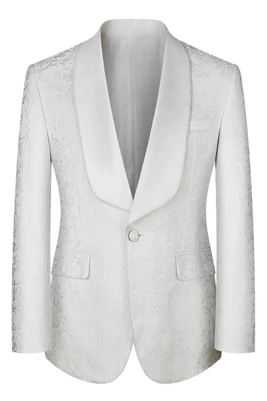 Bespoke White Jacquard 3 Pieces Shawl Lapel Wedding Suits