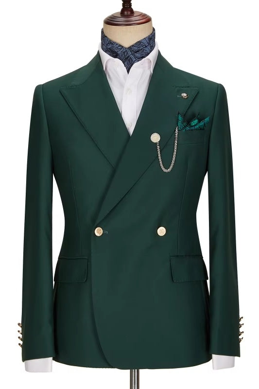 Bespoke Dark Green Double Breasted Peaked Lapel Men Suits