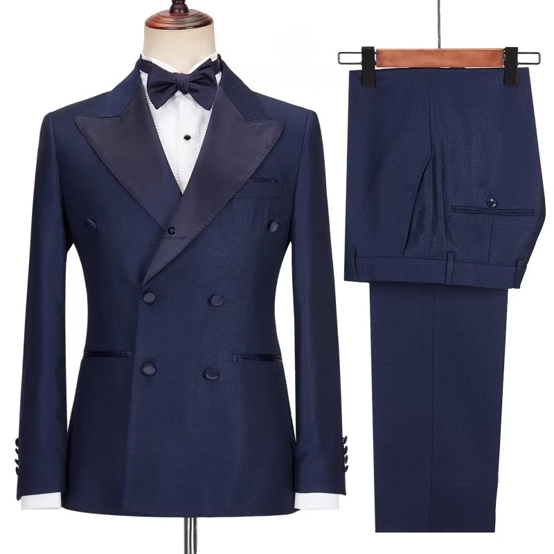 Decent Navy Blue Peaked Lapel Double Breasted Prom Suits