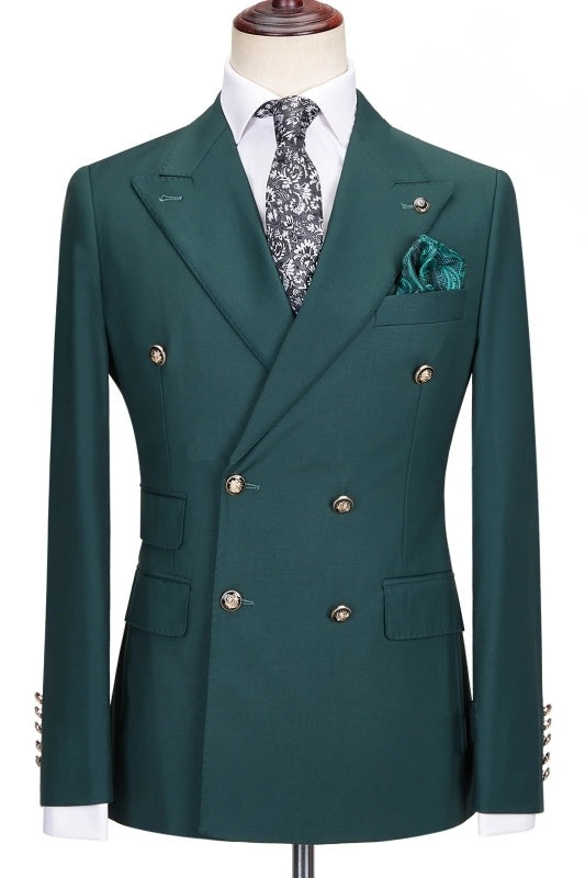 Elegant Dark Green Peaked Lapel Double Breasted Prom Suits