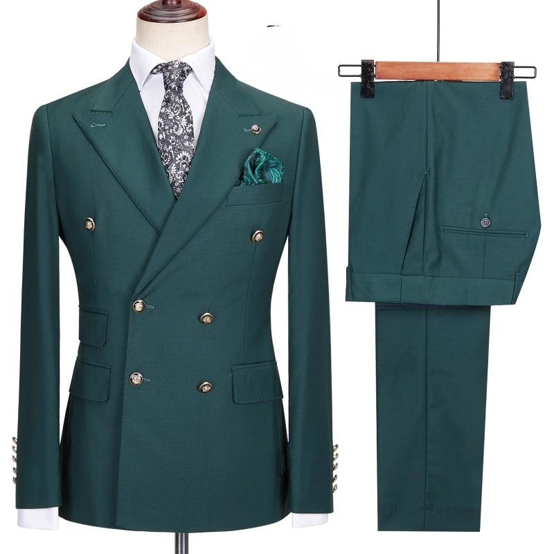 Elegant Dark Green Peaked Lapel Double Breasted Prom Suits