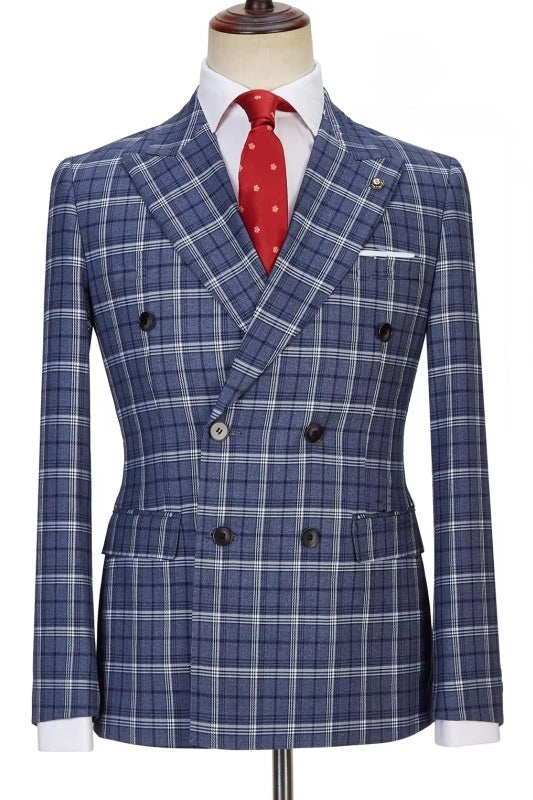 Newest Navy Peaked Lapel Double Breasted Plaid Business Suits