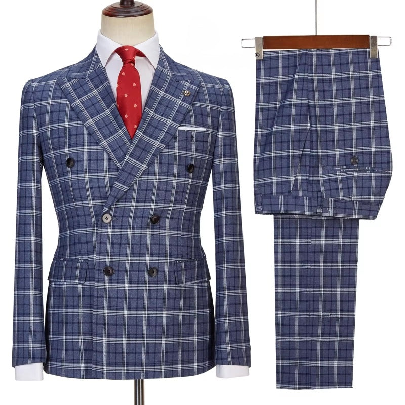 Newest Navy Peaked Lapel Double Breasted Plaid Business Suits