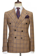 Chic Brown Plaid Double Breasted Peaked Lapel Business Suits